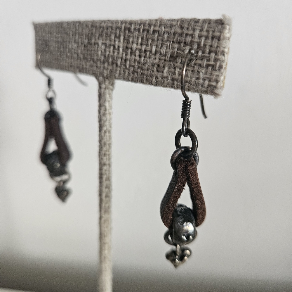 Leather & Silver Heart Drop Earrings | SZ 1.5" - Picture 5 of 8